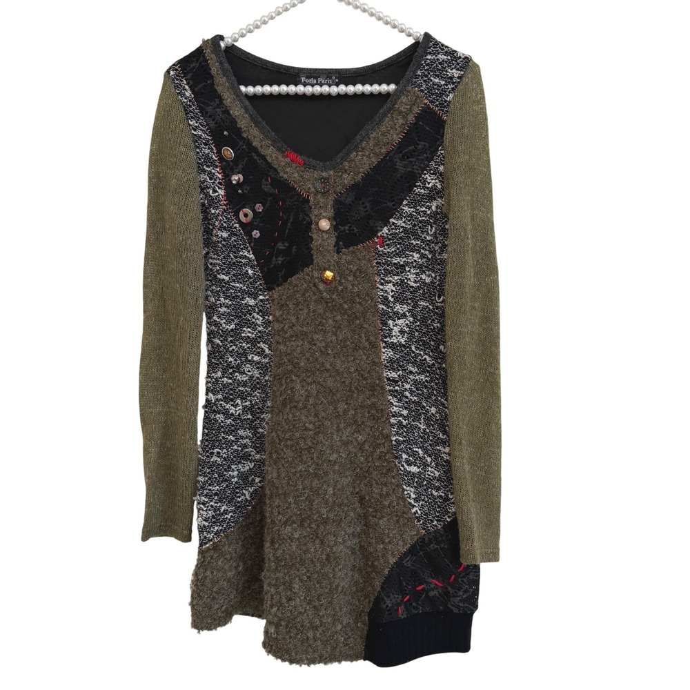 Forla Paris Mixed Media Vtg Y2K Lagenlook Artsy Tunic Sweater Embellished Boho M